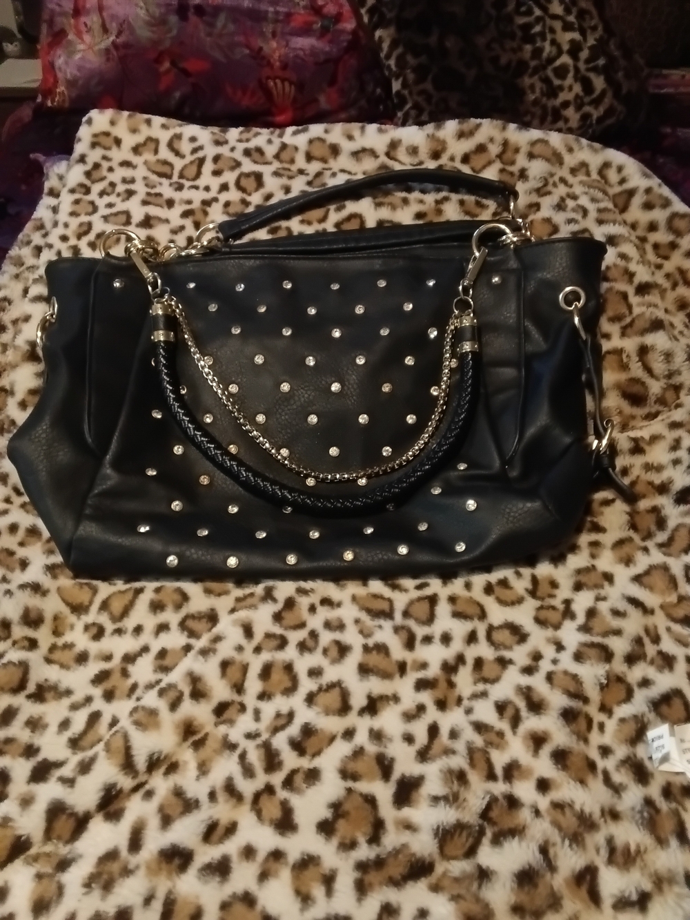 Studded Black Tote Handbag with Chain Detail